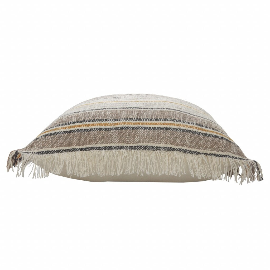 HomeRoots 20" X 20" Taupe Gray Yellow And Navy 100% Cotton Striped Zippered Pillow