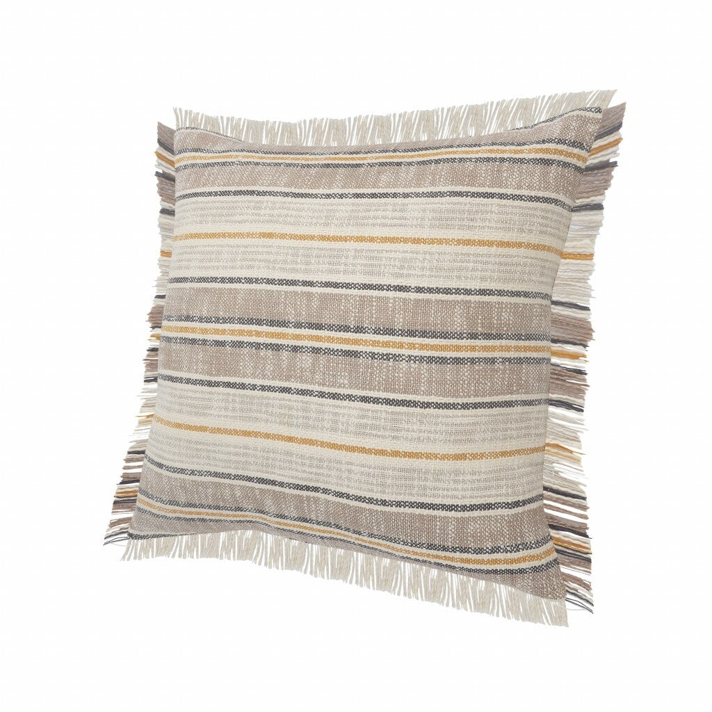 HomeRoots 20" X 20" Taupe Gray Yellow And Navy 100% Cotton Striped Zippered Pillow