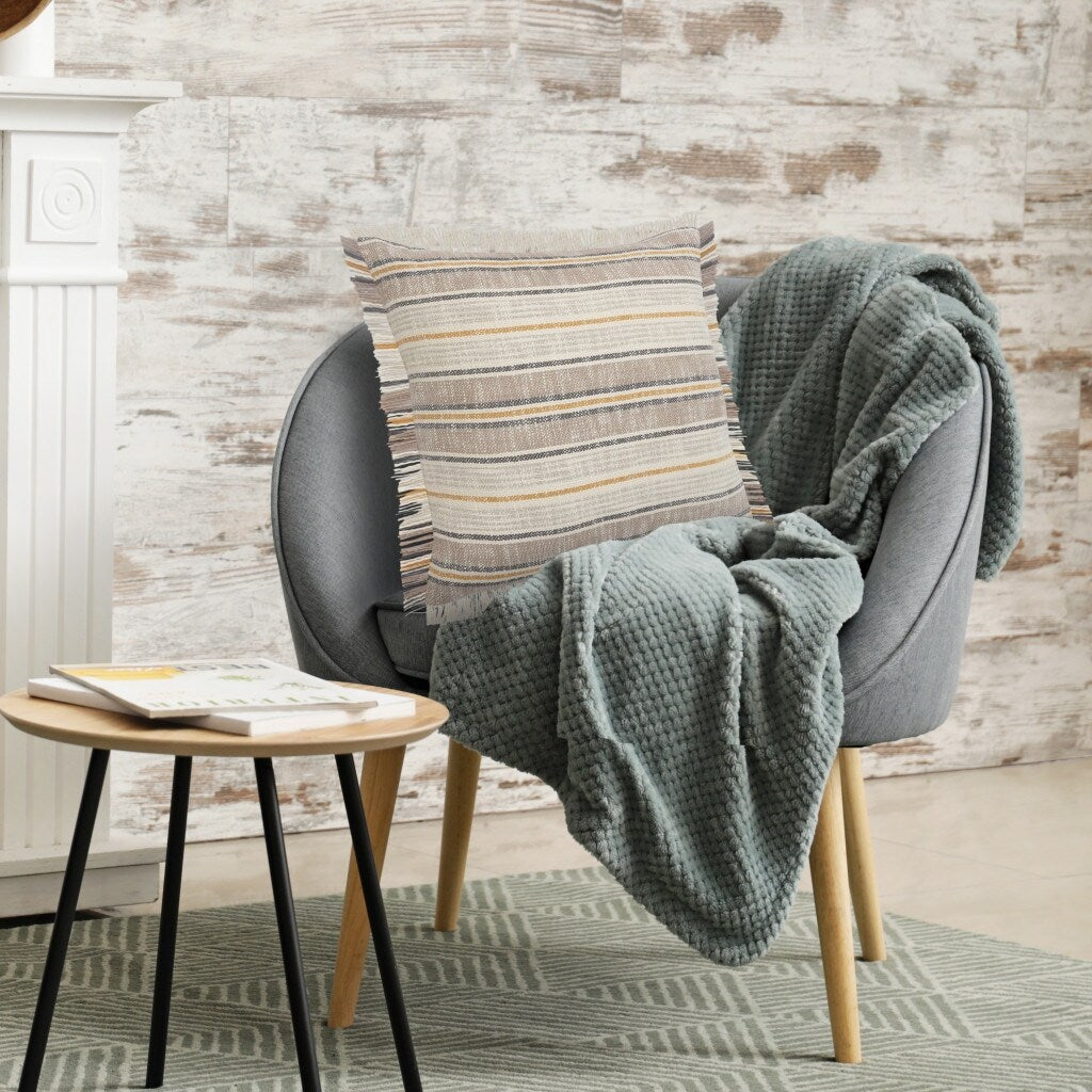 HomeRoots 20" X 20" Taupe Gray Yellow And Navy 100% Cotton Striped Zippered Pillow