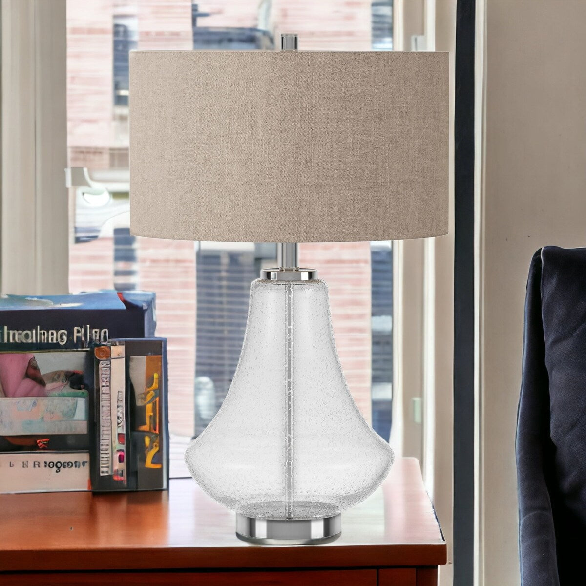 HomeRoots 23" Nickel Glass Table Lamp With Flax Drum Shade - 15