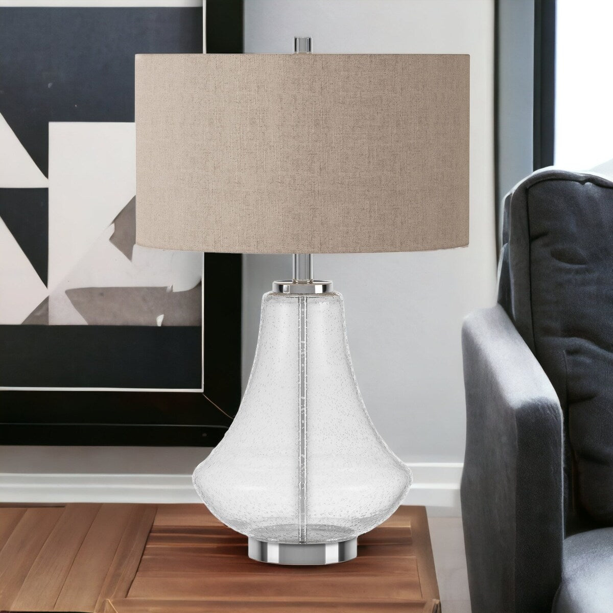 HomeRoots 23" Nickel Glass Table Lamp With Flax Drum Shade - 15