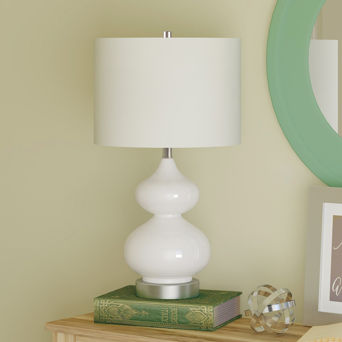 HomeRoots 23" White and Silver Glass Table Lamp With White Drum Shade - 13