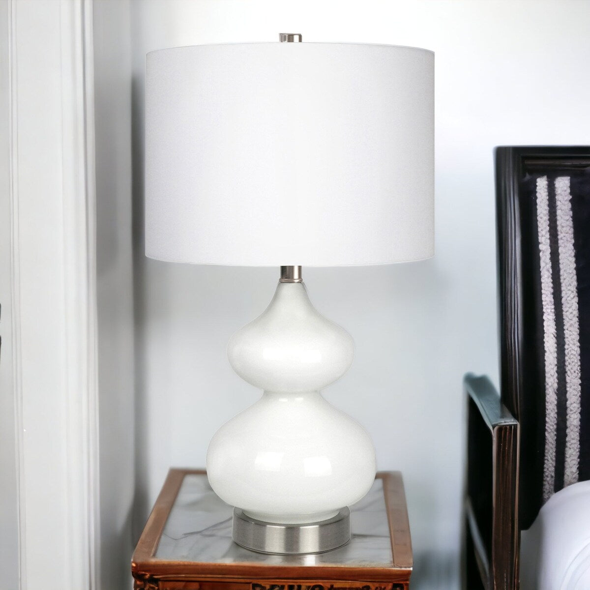HomeRoots 23" White and Silver Glass Table Lamp With White Drum Shade - 13