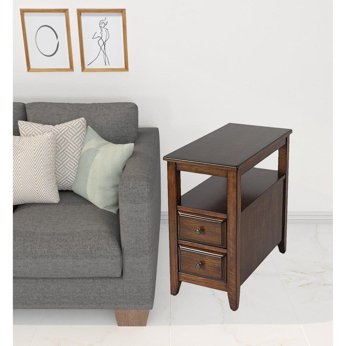 HomeRoots 24" Cherry Brown Narrow End Table With Two Drawers And Shelf - 28