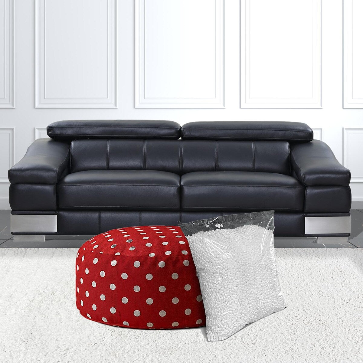 HomeRoots 24" Red And White Cotton Round Polka Dots Pouf Ottoman