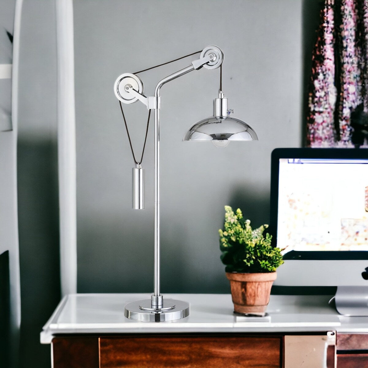 HomeRoots 33" Silver Metal Adjustable Desk Table Lamp With Nickel Dome Shade - 16