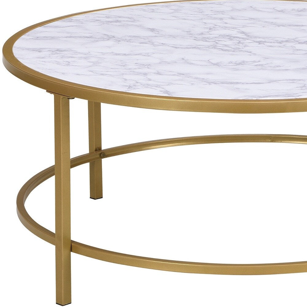 HomeRoots 36" White And Gold Faux Marble Round Coffee Table - 36