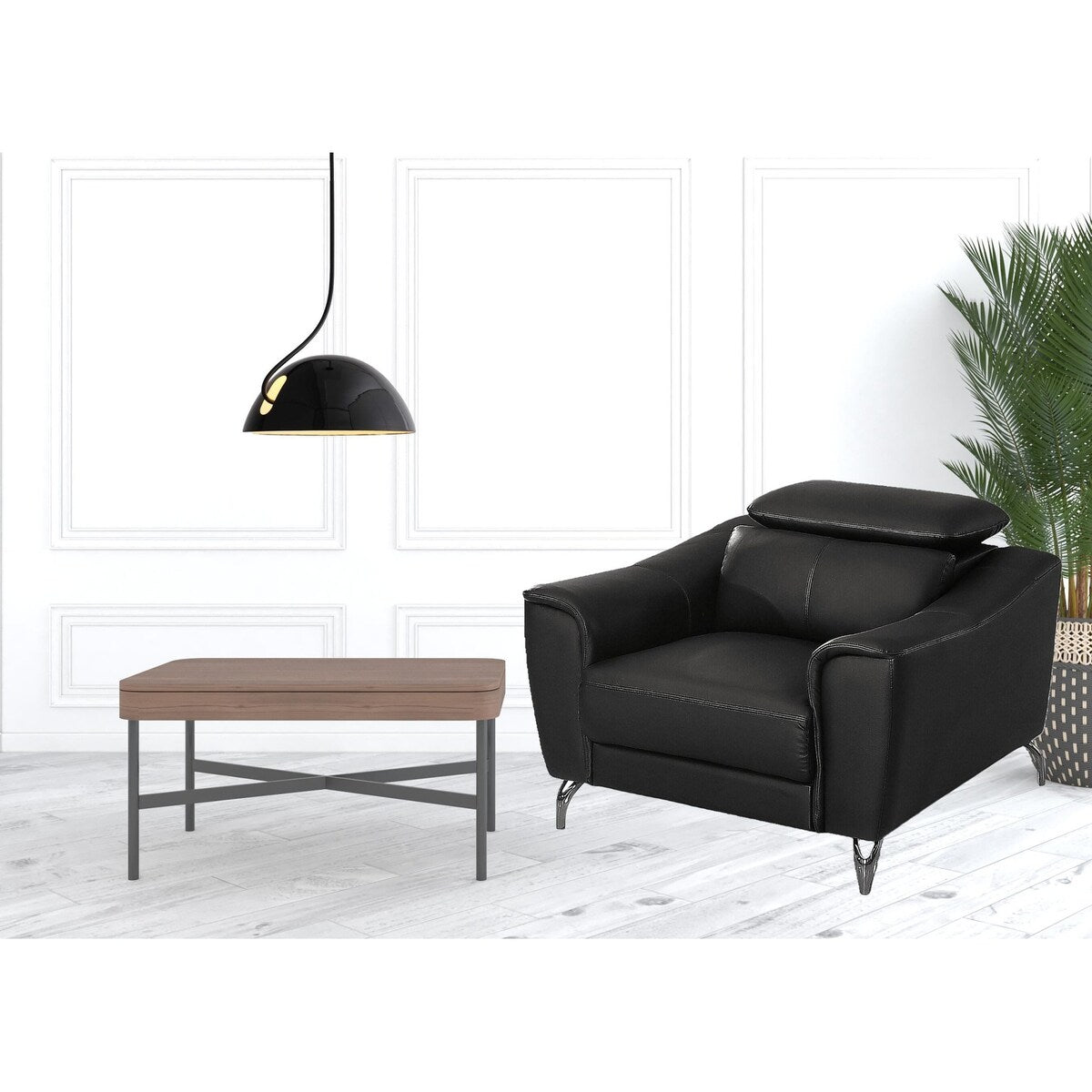 HomeRoots 42" Black Genuine Leather And Silver Solid Color Lounge Chair - 42