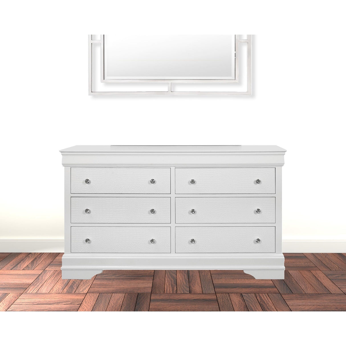 HomeRoots 58" Metallic White Solid Wood Six Drawer Double Dresser