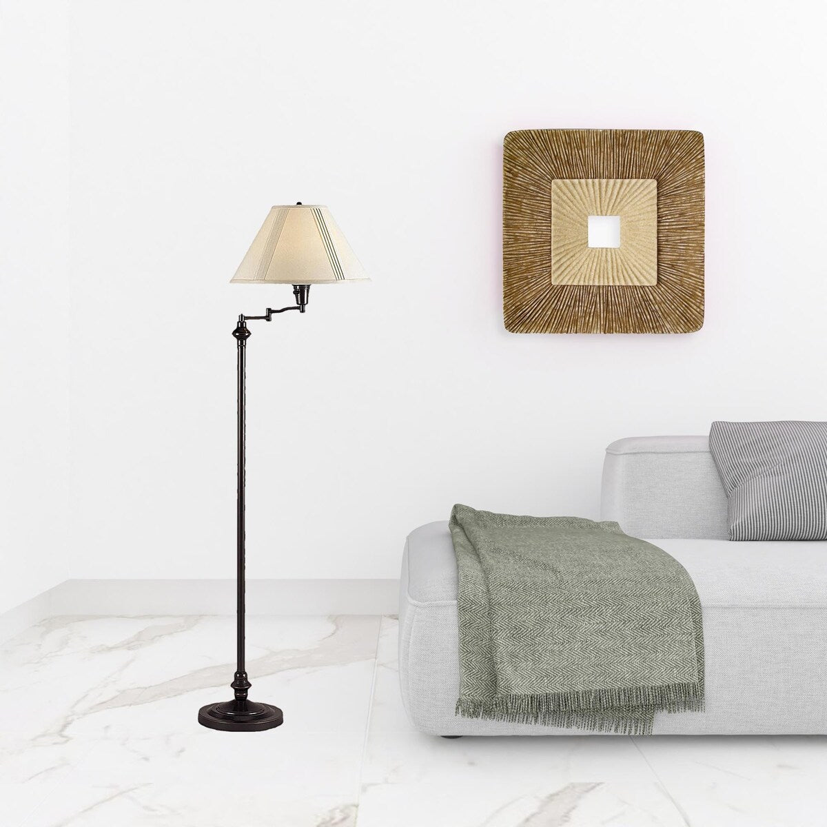 HomeRoots 59" Bronze Swing Arm Floor Lamp With Beige Empire Shade - 22.75