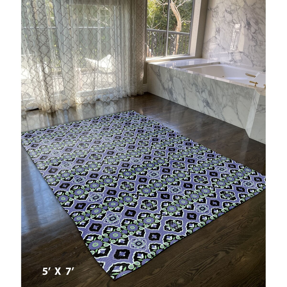 HomeRoots 5' X 7' Black Blue Green Area Rug - 5' Octagon