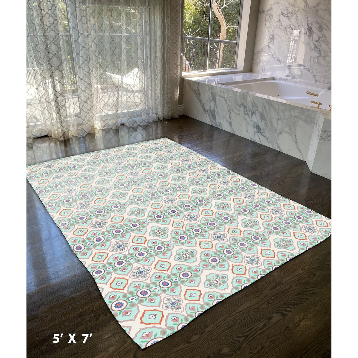 HomeRoots 5' X 7' Light Peach Light Aqua Oriental Area Rug - 5' Octagon