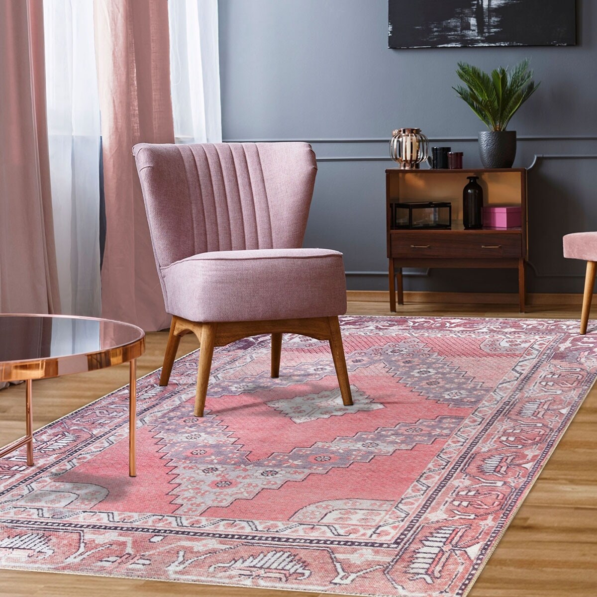 HomeRoots 5' X 8' Pink Geo Power Loom Distressed Non Skid Area Rug - 5' x 8'