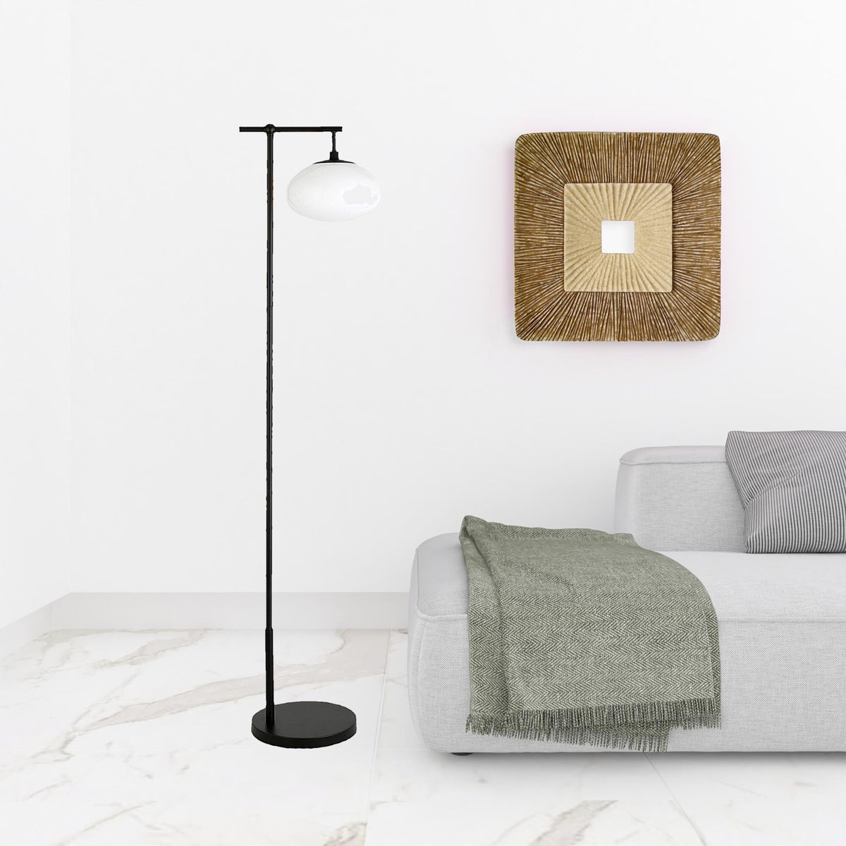 HomeRoots 68" Black Reading Floor Lamp With White Frosted Glass Globe