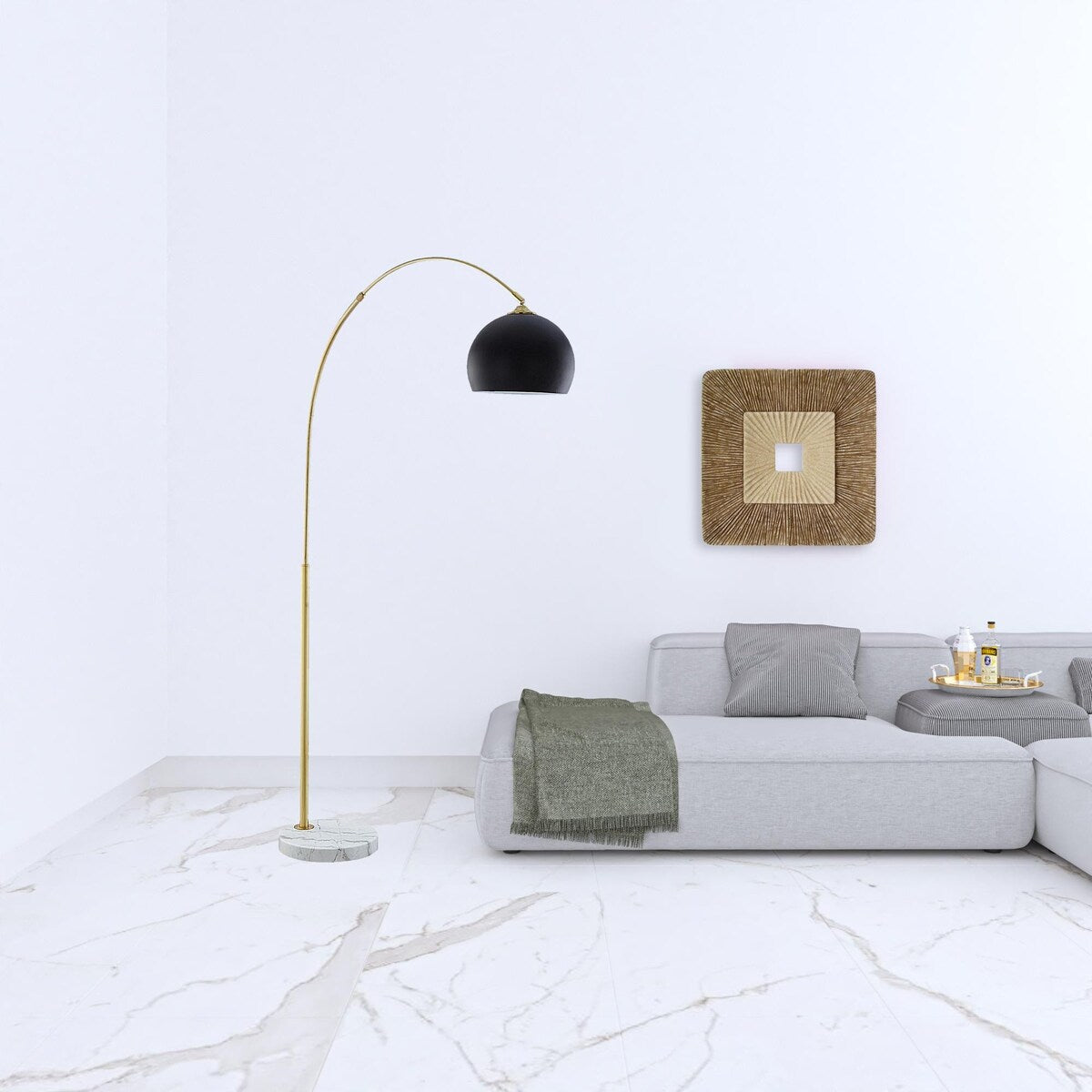 HomeRoots 76" Brass Arched Floor Lamp With Black Dome Shade - 52
