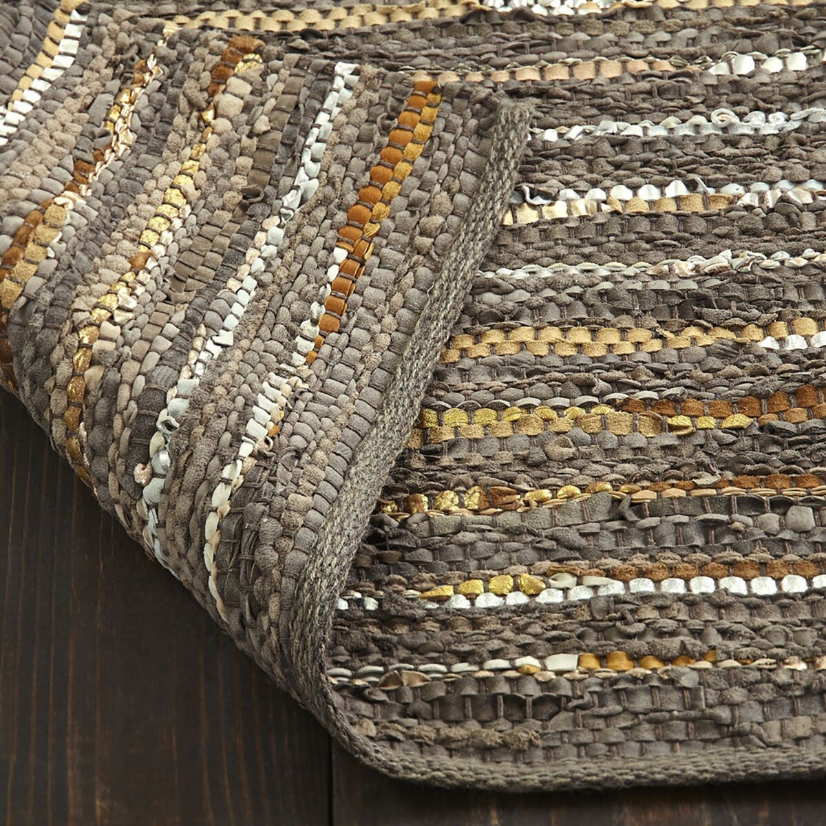 HomeRoots 8' X 10' Fossil Striped Handmade Leather Area Rug - 9'3" x 12'3"