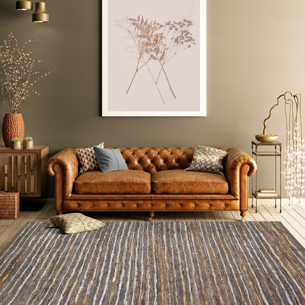 HomeRoots 8' X 10' Fossil Striped Handmade Leather Area Rug - 9'3" x 12'3"