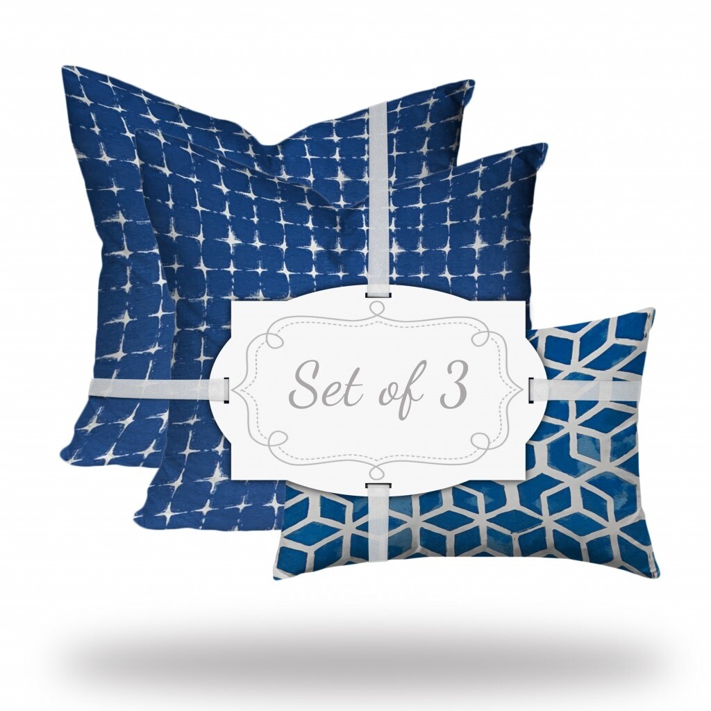HomeRoots Set Of Three 20" X 20" Blue And White Zippered Geometric Throw Indoor Outdoor Pillow Cover - 4