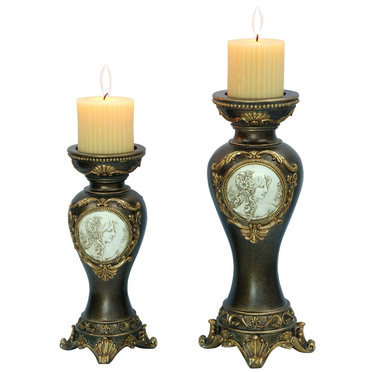 HomeRoots Set Of Two Bronze Greek Cameo Pillar Candle Holders - 7