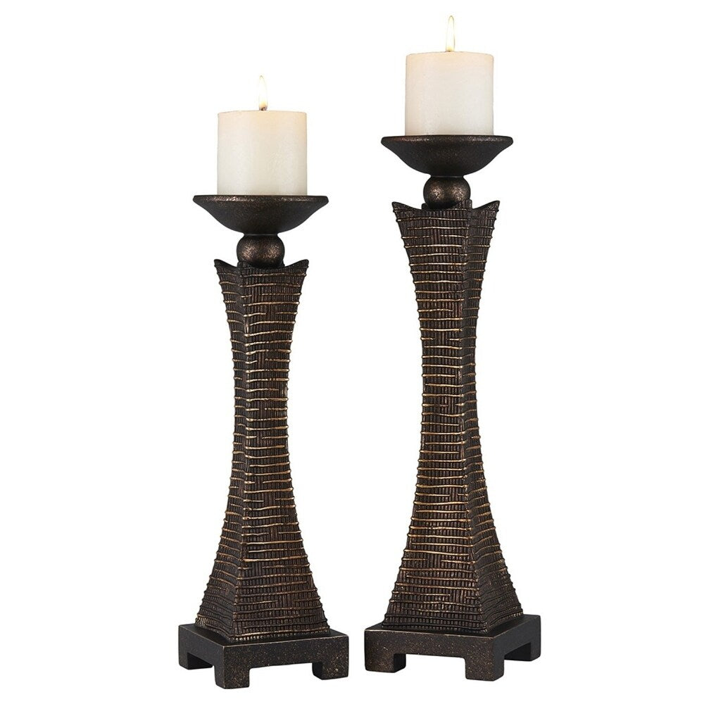 HomeRoots Set Of Two Bronze Pillar Tabletop Pillar Candle Holders - 6