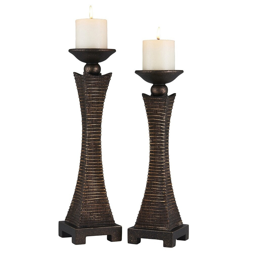 HomeRoots Set Of Two Bronze Pillar Tabletop Pillar Candle Holders - 6