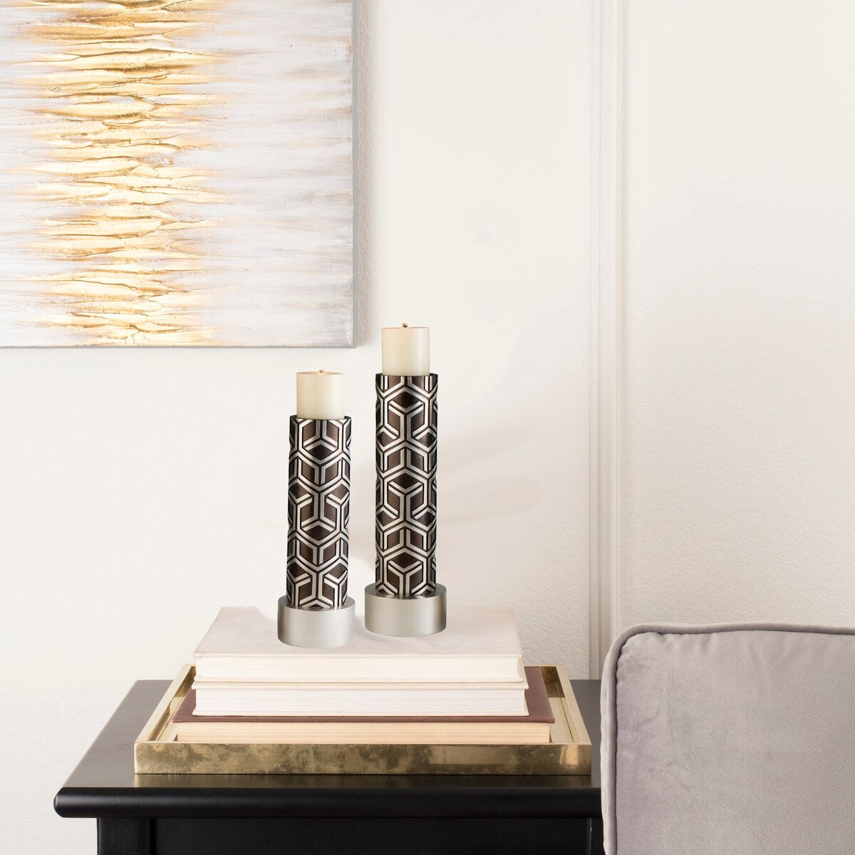 HomeRoots Set Of Two Espresso and Silver Pillar Tabletop Pillar Candle Holders - 7