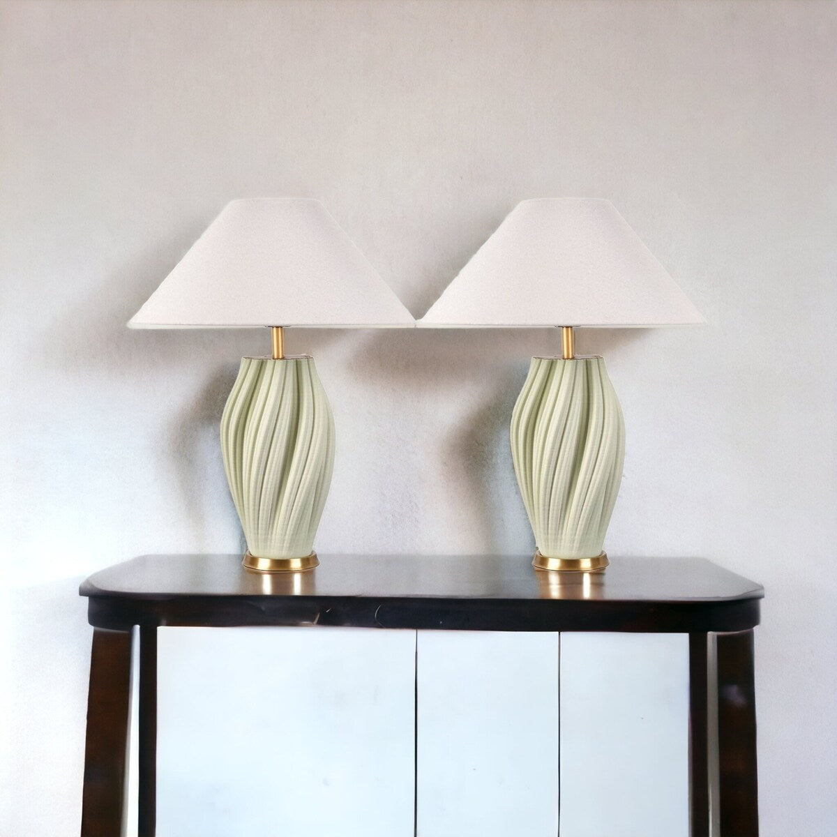 HomeRoots Set of Two 24" Mint Green Ceramic Bedside Table Lamps With White Empire Shade - 18.89