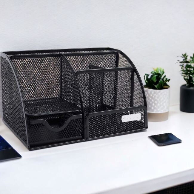 Homeroots Sleek Matte Black 6 Compartment Desk Organizer - 8.7" x 5.5" x 5"
