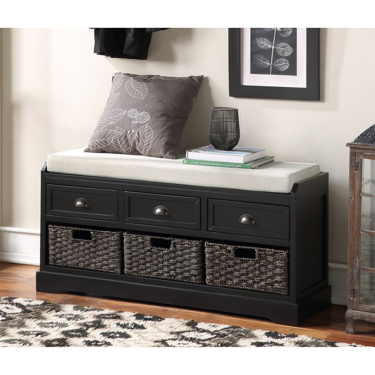 Homes Collection Wood Storage Bench with 3 Drawers and 3 Baskets,Black