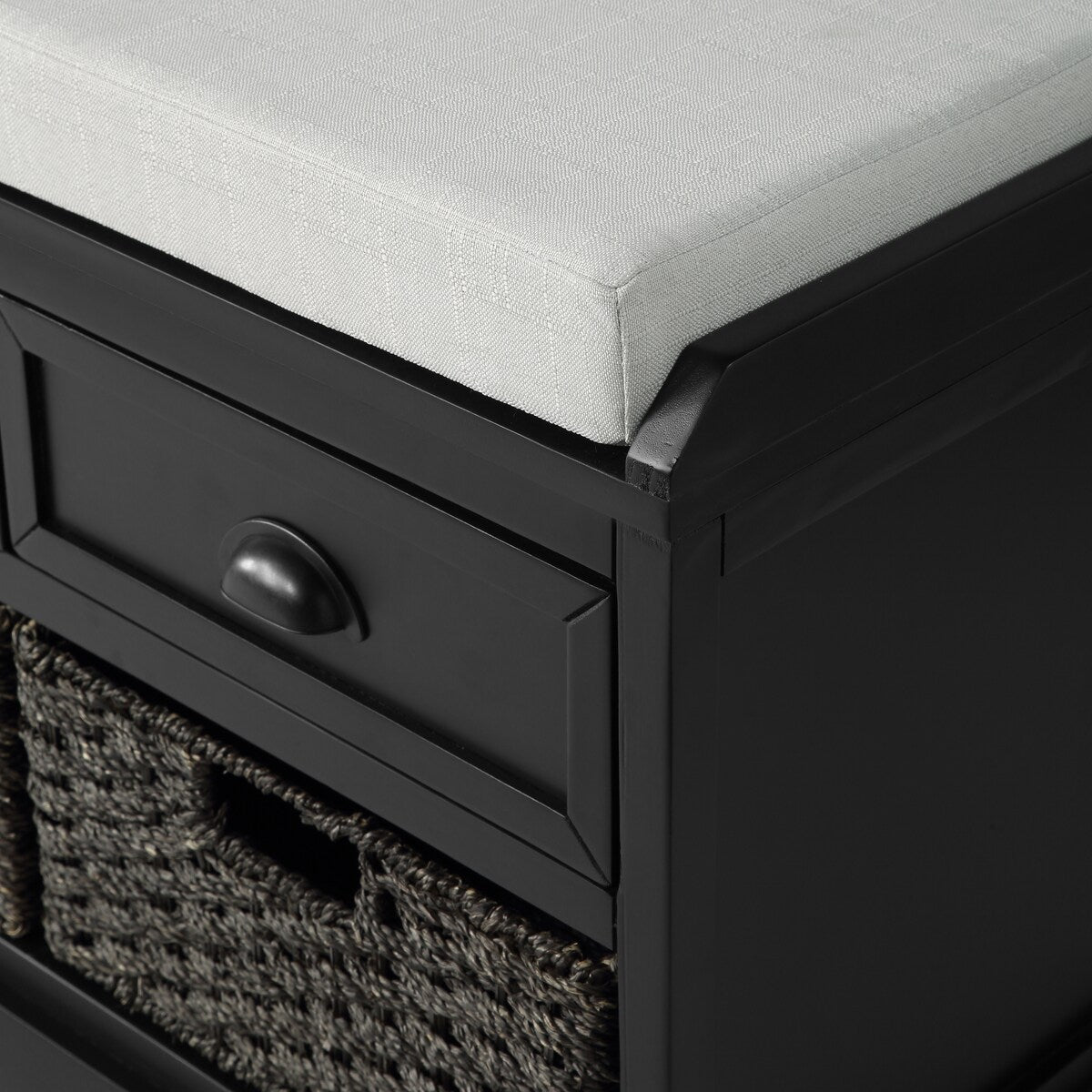 Homes Collection Wood Storage Bench with 3 Drawers and 3 Baskets,Black