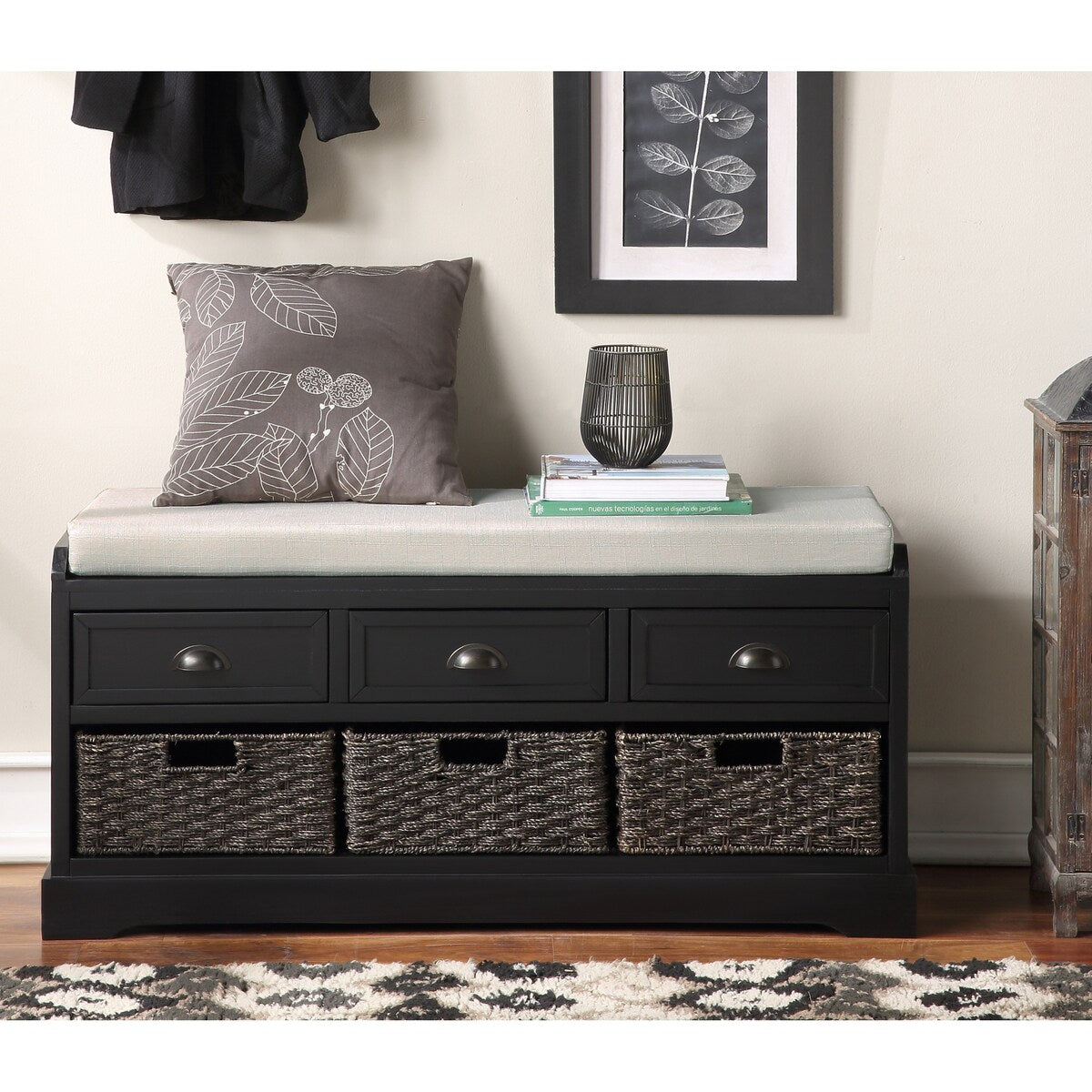 Homes Collection Wood Storage Bench with 3 Drawers and 3 Baskets,Black