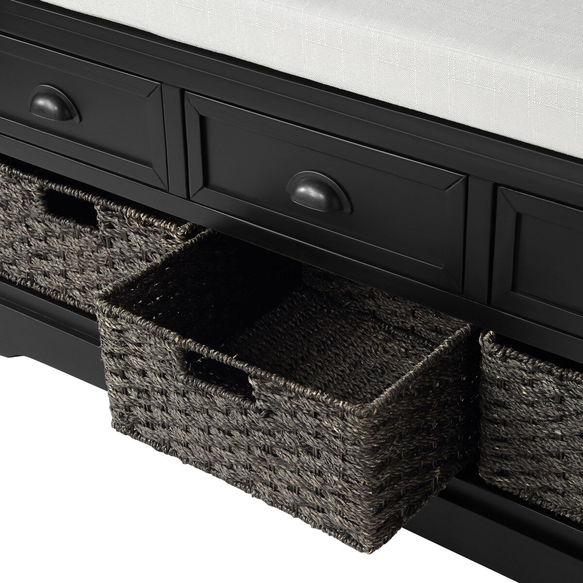 Homes Collection Wood Storage Bench with 3 Drawers and 3 Baskets,Black