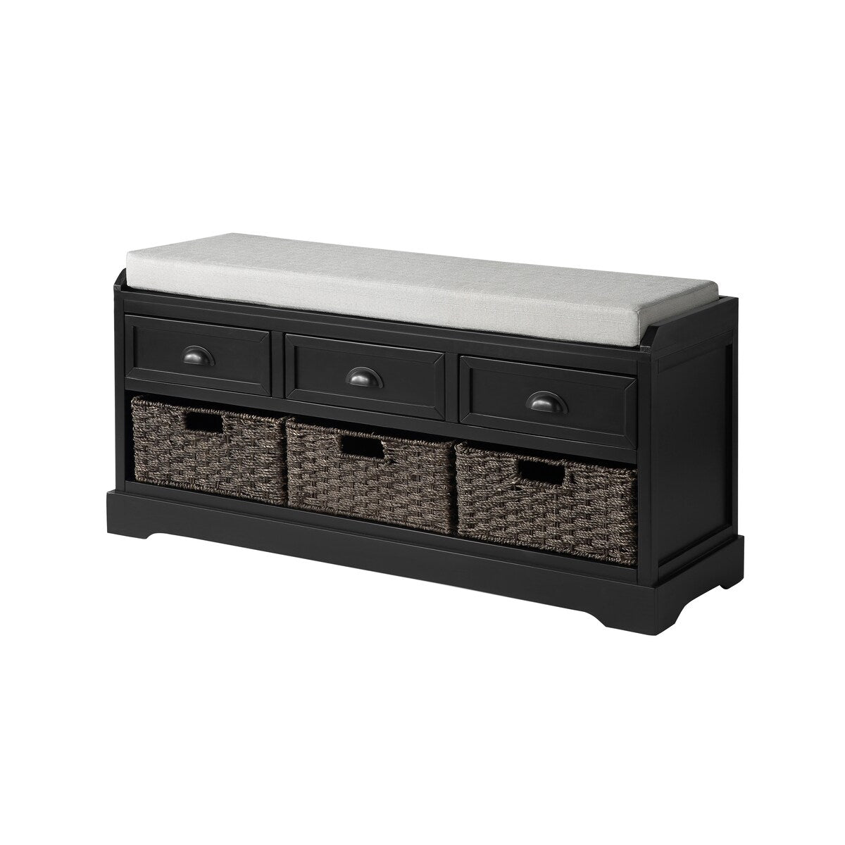 Homes Collection Wood Storage Bench with 3 Drawers and 3 Baskets,Black