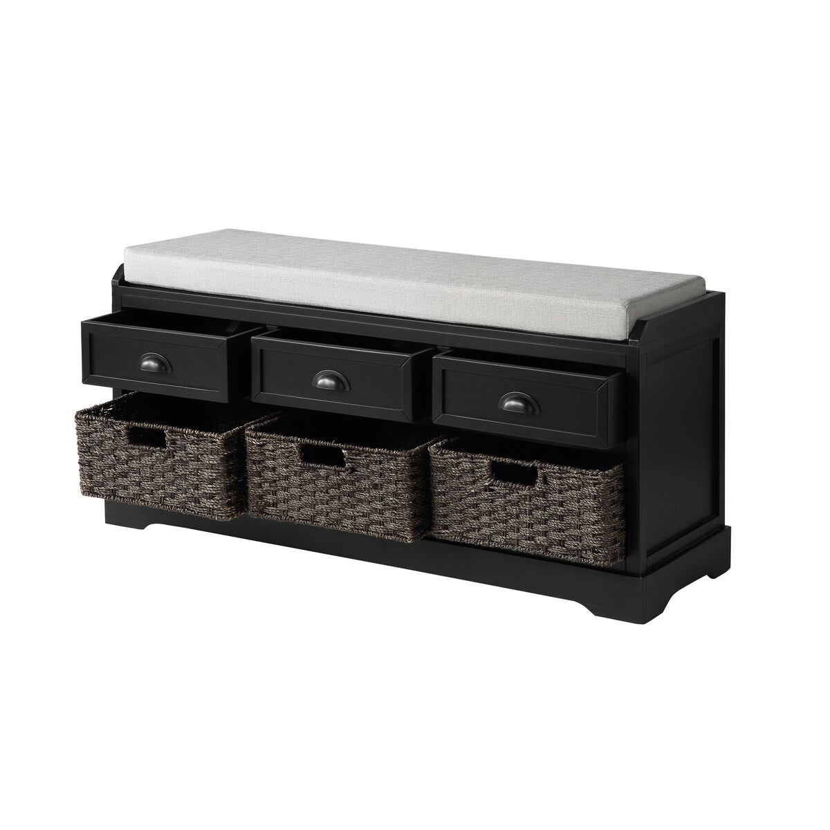 Homes Collection Wood Storage Bench with 3 Drawers and 3 Baskets,Black