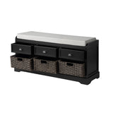 Homes Collection Wood Storage Bench with 3 Drawers and 3 Baskets,Black