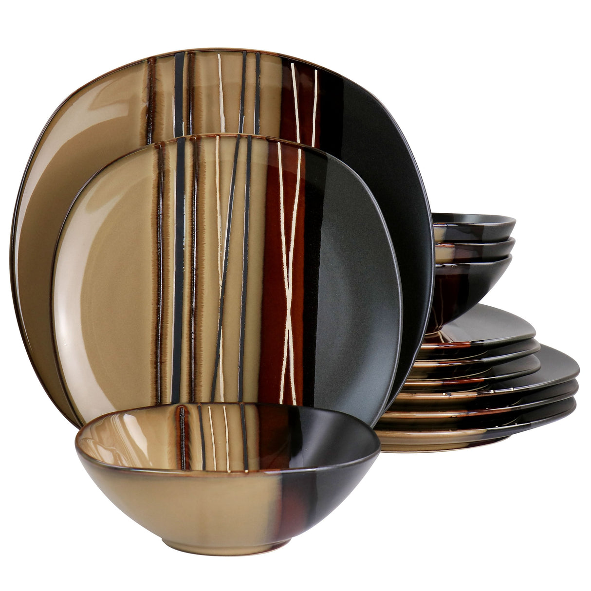 Hometrends 12 Piece Soft Square Stoneware Dinnerware Set in Brown - 12 pc