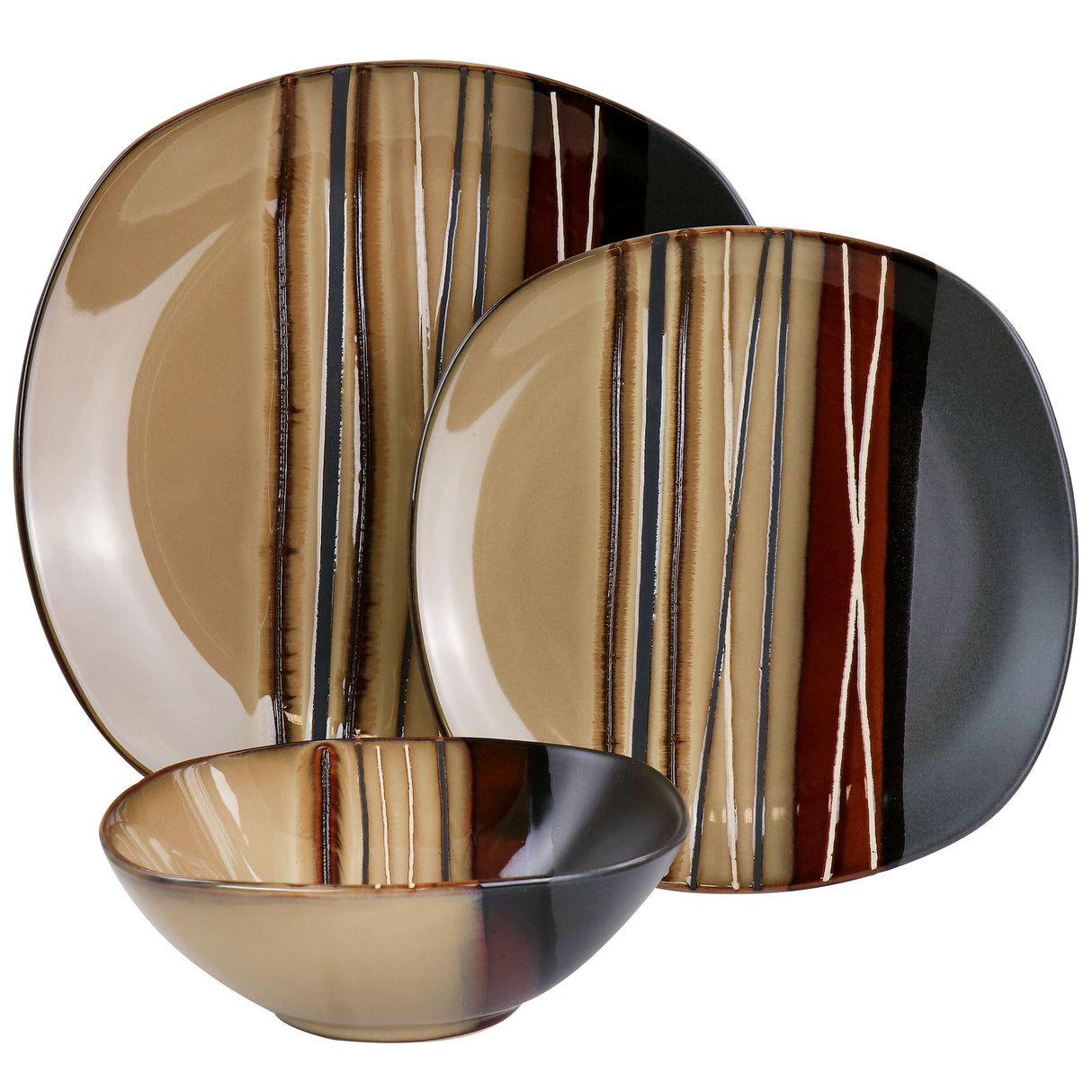Hometrends 12 Piece Soft Square Stoneware Dinnerware Set in Brown - 12 pc