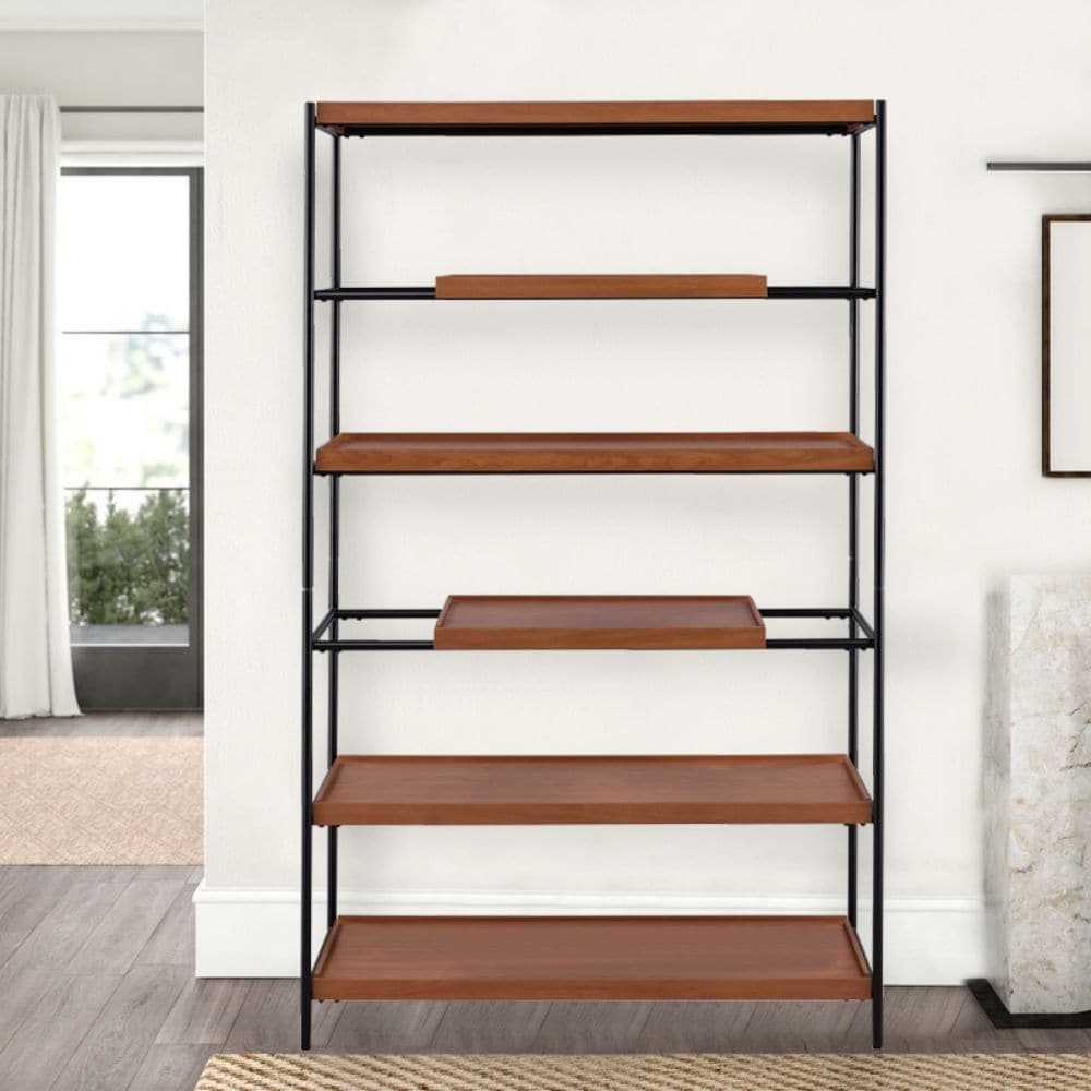 Honey Oak and Black Metal 6 shelf Standard Bookcase