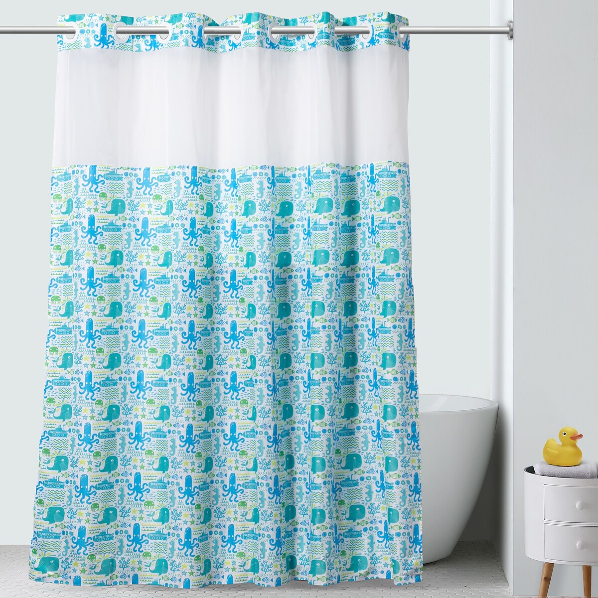 Hookless Kids Silly Sea Life Print Shower Curtain with PVC Liner