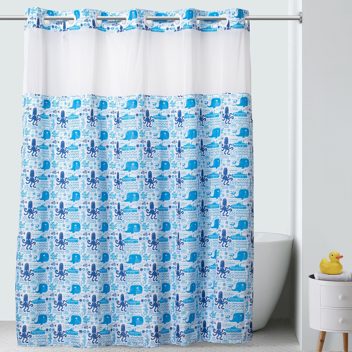 Hookless Kids Silly Sea Life Print Shower Curtain with PVC Liner