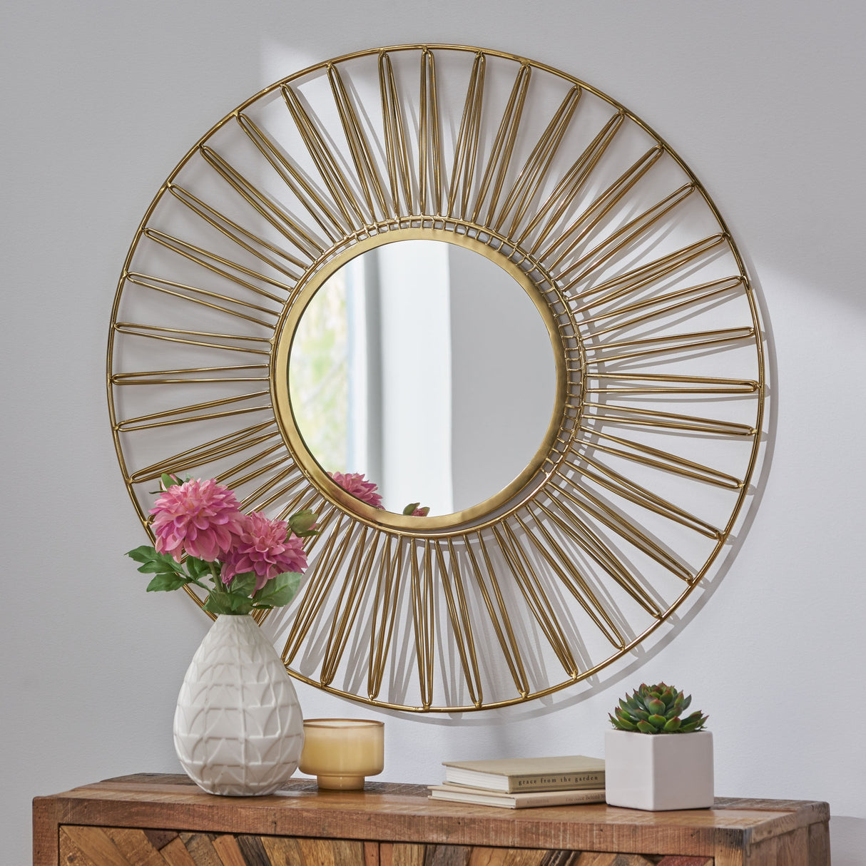 Hopedale Modern Glam Handcrafted Round Sun Wall Mirror by Christopher Knight Home - 30.00" L x 1.00" W x 30.00" H