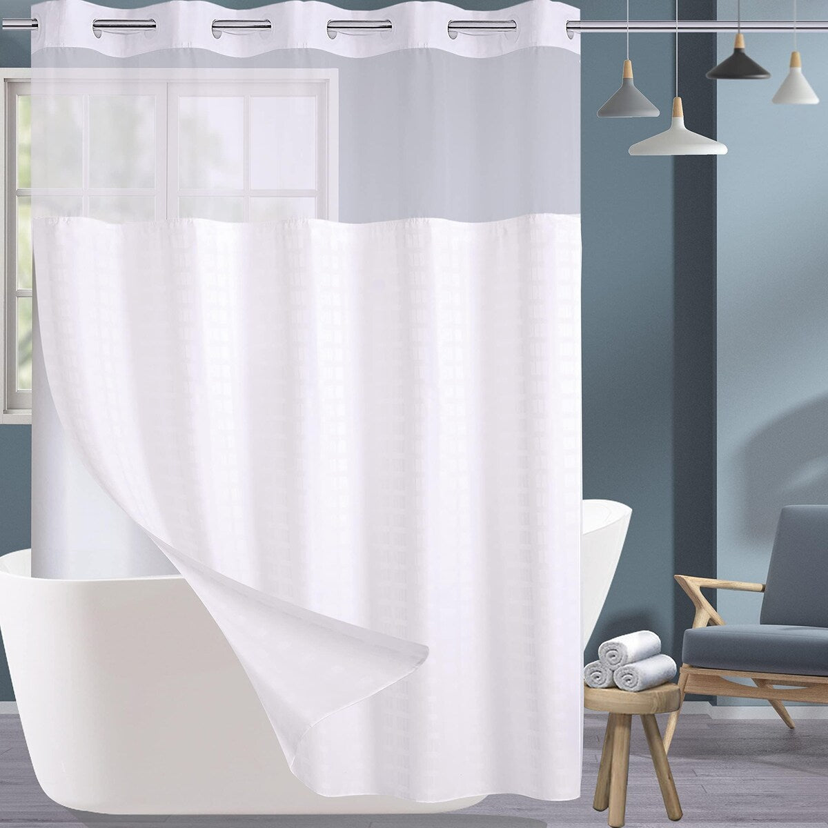 Hotel Style Fabric Shower Curtain with Liner, See Through Window