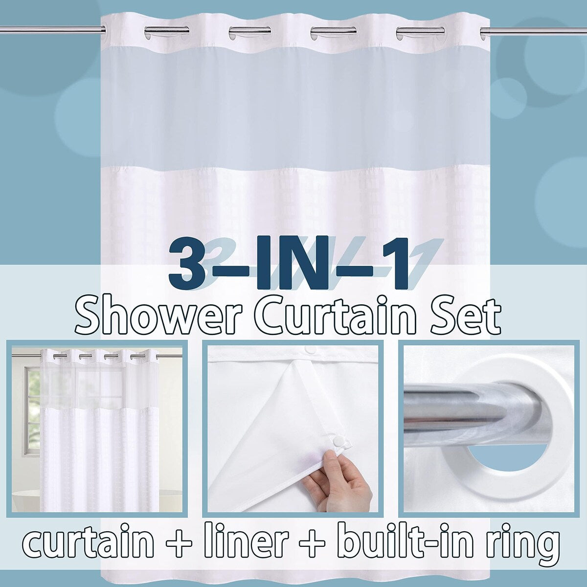 Hotel Style Fabric Shower Curtain with Liner, See Through Window