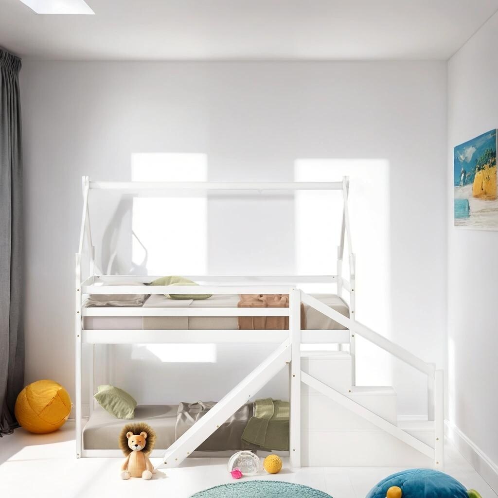 House-shaped Twin over Twin Loft or Bunk Bed with Slide, Storage Staircase