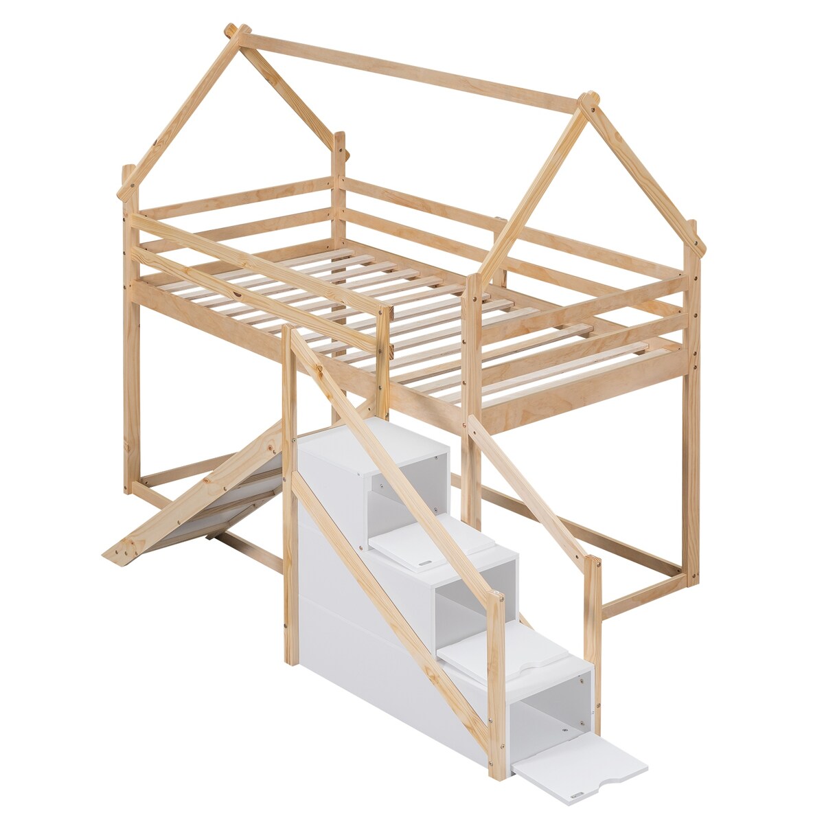 House-shaped Twin over Twin Loft or Bunk Bed with Slide, Storage Staircase