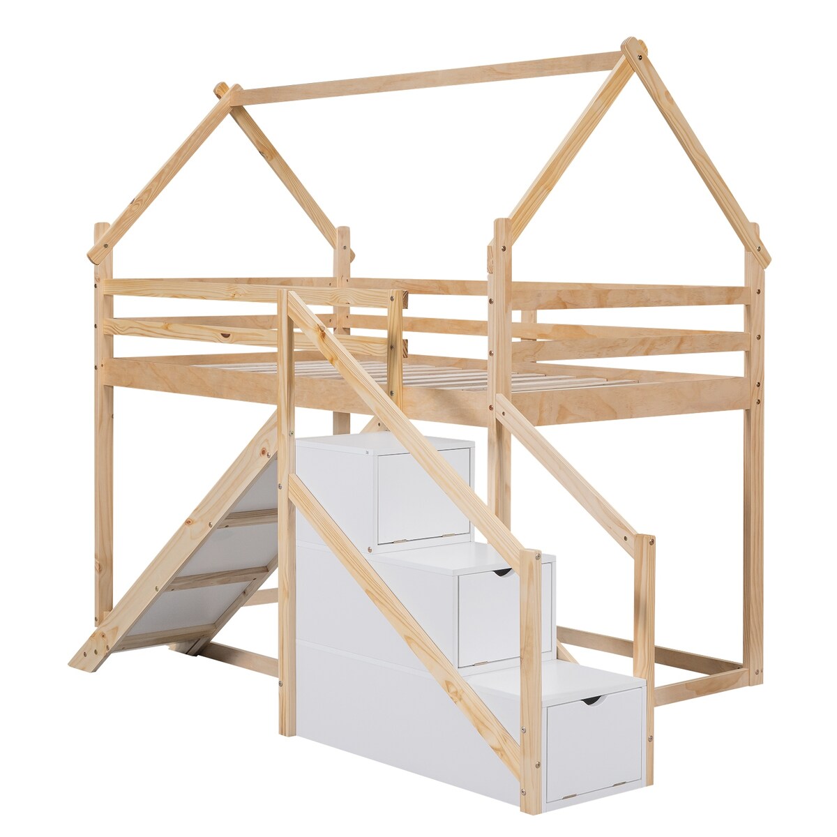 House-shaped Twin over Twin Loft or Bunk Bed with Slide, Storage Staircase