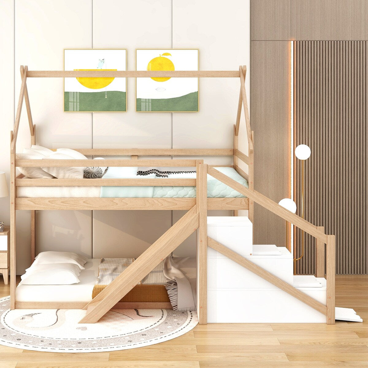 House-shaped Twin over Twin Loft or Bunk Bed with Slide, Storage Staircase