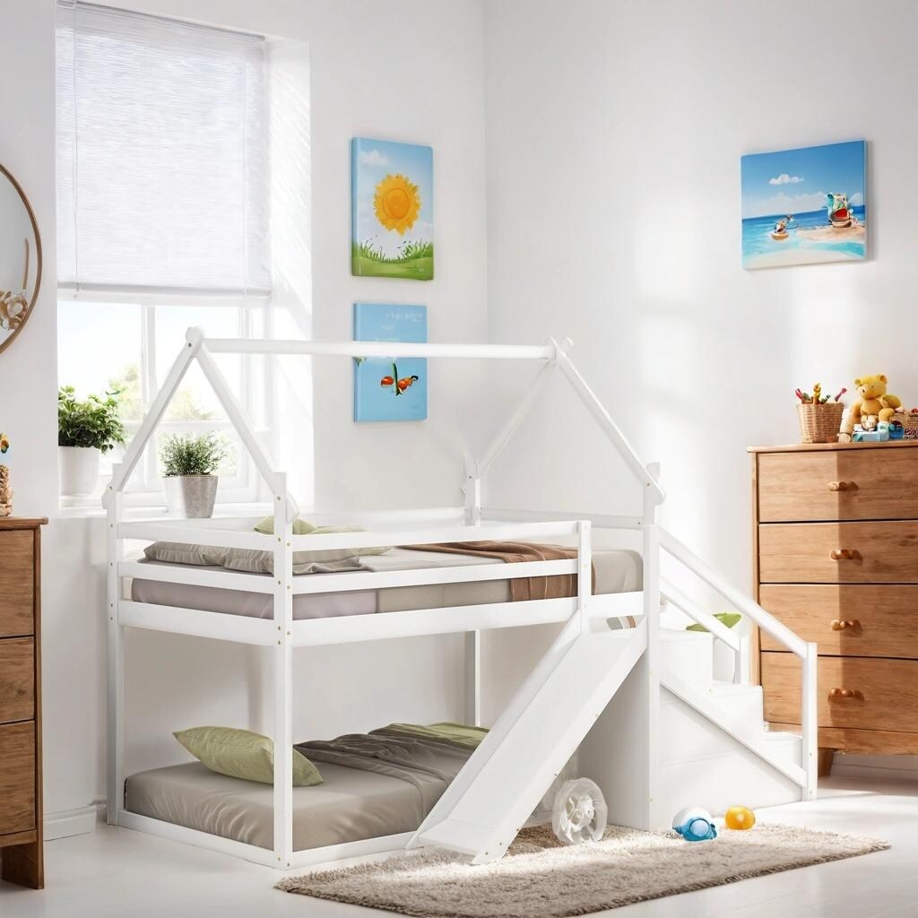 House-shaped Twin over Twin Loft or Bunk Bed with Slide, Storage Staircase