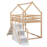 House-shaped Twin over Twin Loft or Bunk Bed with Slide, Storage Staircase