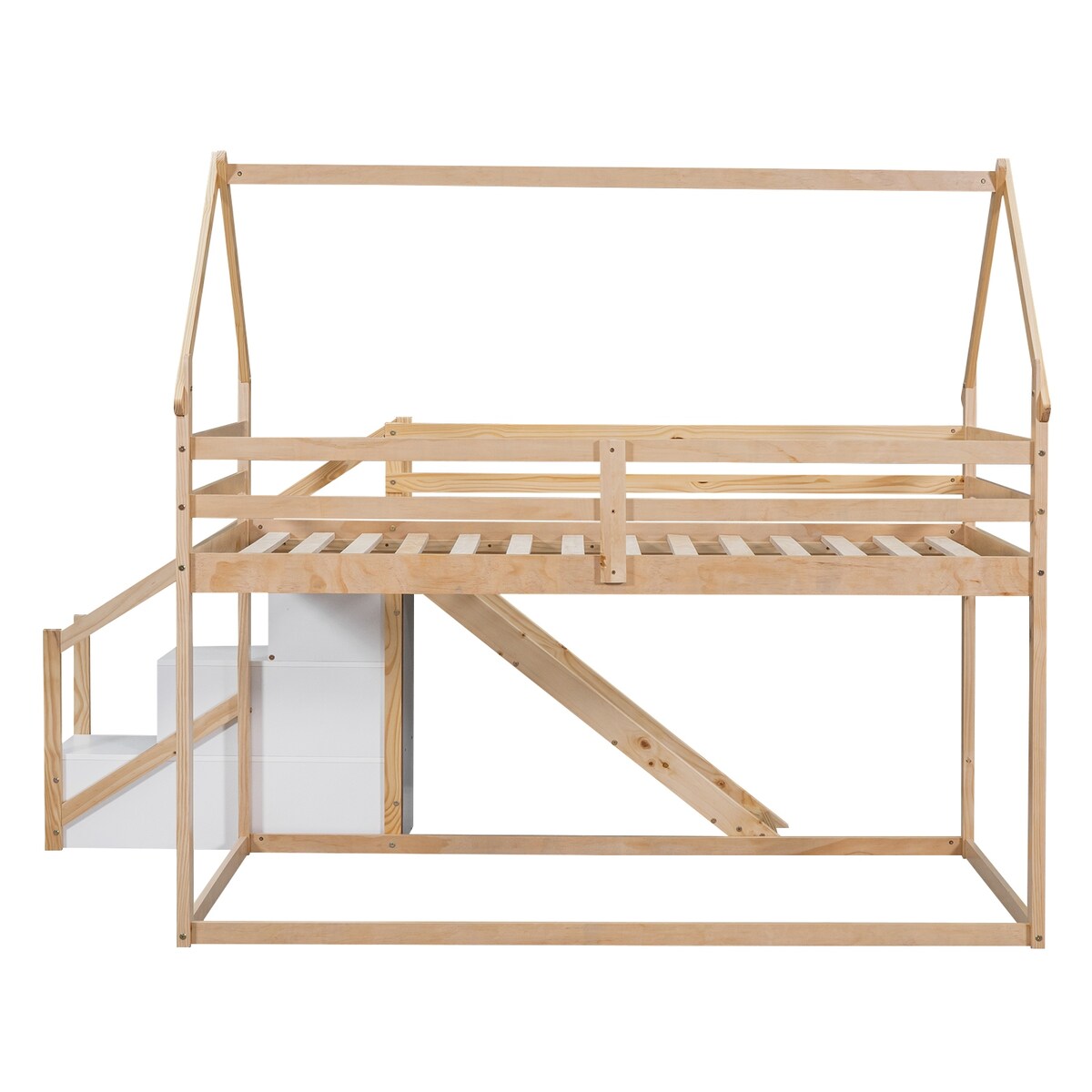 House-shaped Twin over Twin Loft or Bunk Bed with Slide, Storage Staircase
